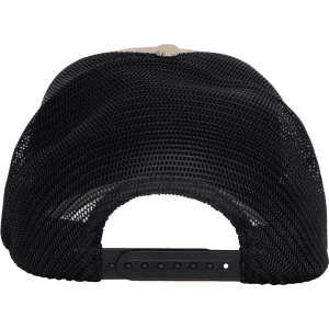 A black mesh trucker cap featuring a beige front panel and an adjustable strap at the back.