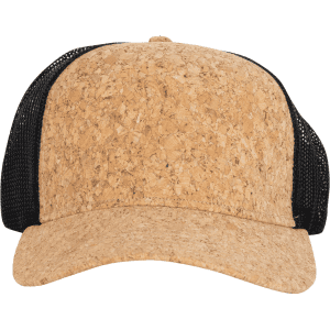 A cork-effect trucker cap with a black mesh back and a curved brim, featuring a logo on the front.