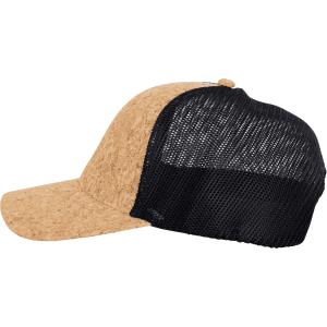 A cork mesh trucker cap with a textured cork front and a black mesh back, featuring a rounded peak.