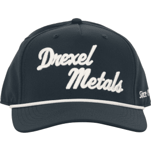 A dark grey cap featuring white embroidered text and a braid along the brim, with a logo present.