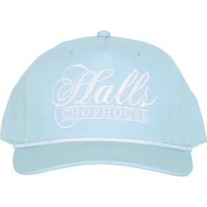 A light blue five-panel polyester cap featuring a custom braid and an embroidered logo on the front.