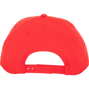 A red polyester cap featuring a custom braid and a logo on the back.