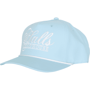 A light blue polyester cap featuring a custom braid and a logo on the front.