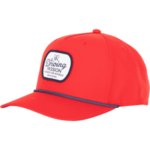 A red 5-panel polyester cap featuring a custom braid and a logo patch on the front.