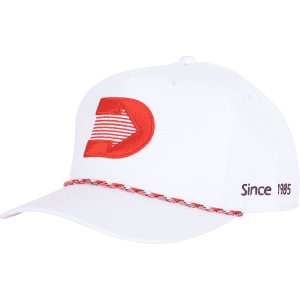 A white cap with a red logo and custom braid detailing around the brim. Features a logo on the front.