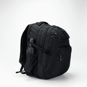 A black backpack featuring multiple compartments and a side pocket for a drink bottle, with a logo visible.