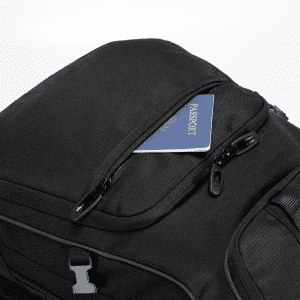 A black backpack featuring a zippered pocket with a passport partially visible inside. The backpack has a logo.