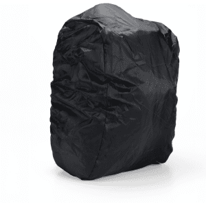 A black backpack with a smooth surface and a slight sheen, featuring a logo on the front.
