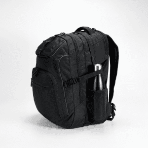 A black backpack with multiple compartments and a side pocket holding a drink bottle. It features a logo.