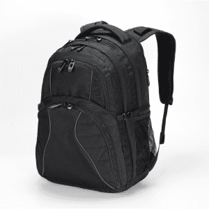 A black Fitzroy Backpack with multiple compartments, a mesh side pocket, and padded shoulder straps. It features a logo.