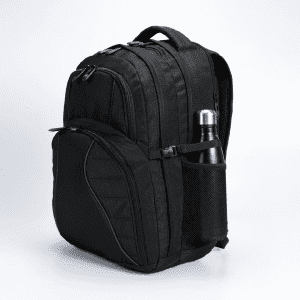 A black Fitzroy Backpack with a side pocket holding a drink bottle, featuring a logo on the front.
