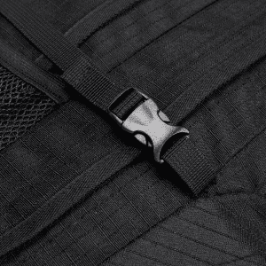 A close-up of a black backpack strap featuring a plastic buckle and textured fabric.
