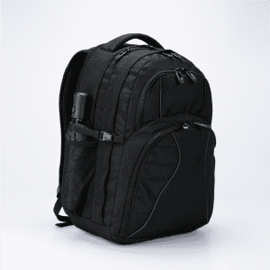 A black Fitzroy backpack featuring multiple compartments and a side pocket for a drink bottle or umbrella.