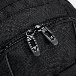 A black backpack featuring dual zip closures and a textured fabric surface, with a branding logo present.