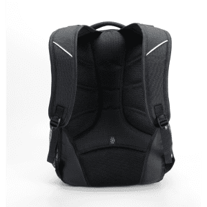 A black backpack featuring padded mesh sections, adjustable straps, and a logo on the front.