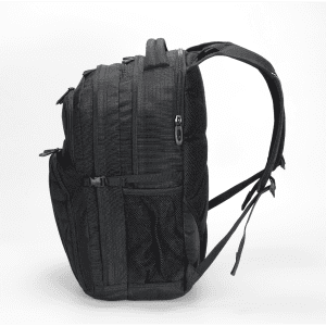 A black Fitzroy Backpack featuring multiple compartments and mesh side pockets, with a sleek, modern design.