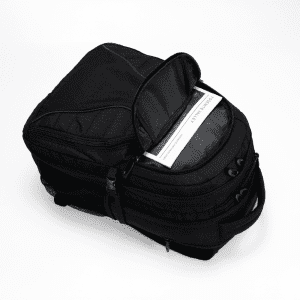 A black backpack with multiple compartments, featuring a front pocket and mesh side pockets, and a logo.