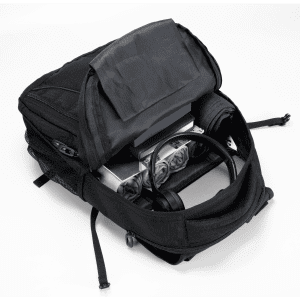 A black Fitzroy Backpack open to reveal compartments with a drink bottle, laptop, and headphones inside.