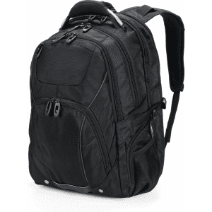 A black Eiger backpack with multiple compartments and a padded shoulder strap. It features a logo on the front.