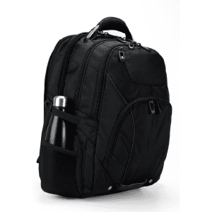 A black Eiger backpack with multiple compartments and a side pocket holding a drink bottle. Features a subtle logo.