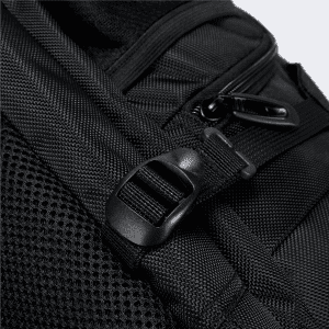 Close-up of a black Eiger backpack, highlighting the textured fabric and a strap buckle detail.
