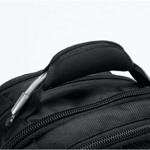 A black backpack featuring a padded handle and zipped compartments, with a logo on the design.