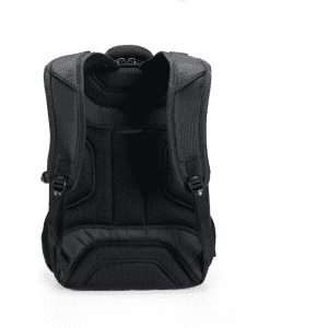 A black Eiger backpack with padded straps and mesh detail, featuring adjustable buckles and a sturdy design.