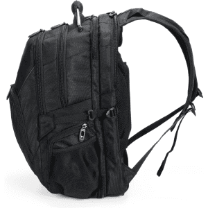 A black Eiger backpack with multiple zippered compartments and a mesh side pocket, featuring an attached handle.