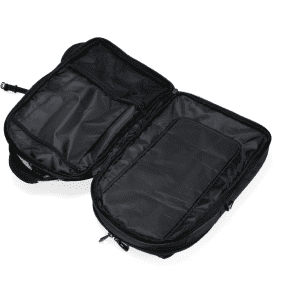 A black Eiger backpack with multiple compartments and a mesh pocket, featuring a logo on the exterior.