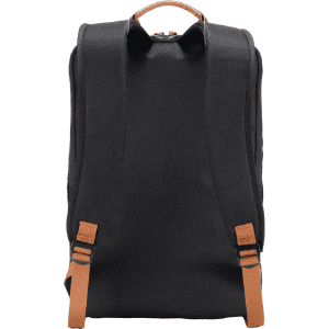 A black backpack with brown straps and handle, featuring a logo on the surface.