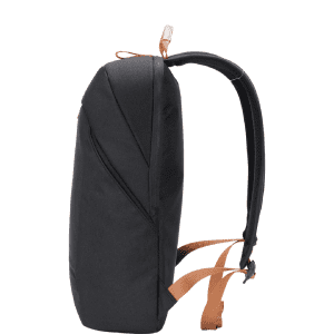 A sleek black backpack features leather-like straps and a minimalistic design. It has a logo on the front.
