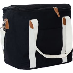 A black cooler bag with white straps and a zippered top, featuring a front pocket and a logo.