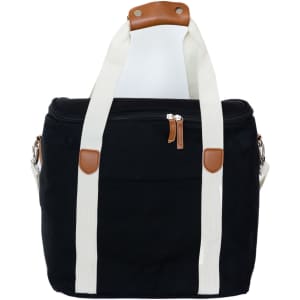 A black cooler bag with white straps and a brown handle, featuring a zippered pocket on the front.