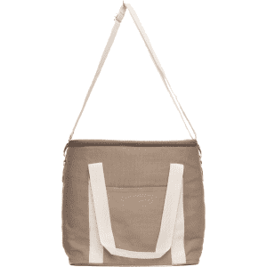 A tan cooler bag with white straps and a front pocket, featuring a shoulder strap and a zippered top.