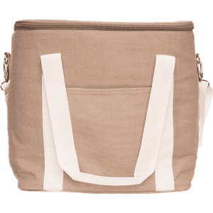 A tan cooler bag with white straps and a front pocket, featuring a zipped closure and an adjustable shoulder strap.