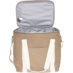 A beige cooler bag with a silver interior and white straps, featuring an open top and a front pocket.