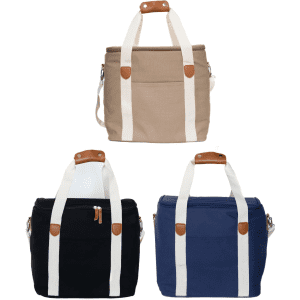 A beige cooler bag with white straps and a leather handle, featuring a front pocket and a branding logo.