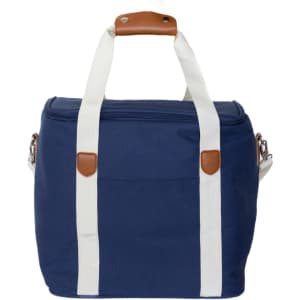 A navy cooler bag with white straps and brown leather trim, featuring a zippered closure and a side pocket.