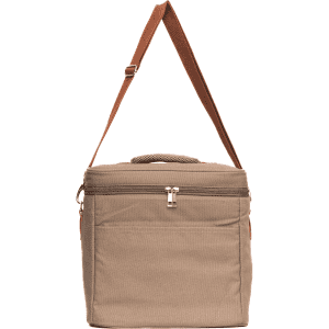A beige cooler bag with a zippered compartment and an adjustable shoulder strap. It features a small handle on the top.