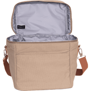 A beige cooler bag with a silver interior, featuring a detachable strap and a front pocket. It has a logo.