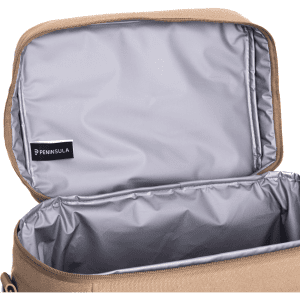 A tan cooler bag with a silver interior and a small logo inside. The bag is unzipped and empty.