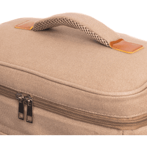 A beige cooler bag with a textured surface and a sturdy handle, featuring a zip closure.