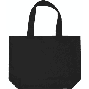 A black tote bag with two handles and a simple design, featuring a logo on one side.