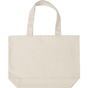 A beige tote bag with two sturdy handles and a simple design. It features a logo on one side.