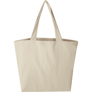 A beige tote bag with sturdy handles and a spacious design, featuring a logo on the front.