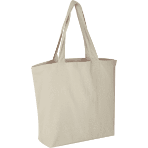A cream-coloured tote bag with two shoulder straps and a simple design. It features a logo on the side.