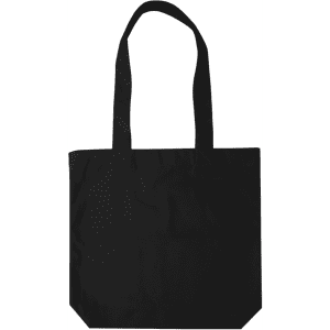 A classic black tote bag with two sturdy handles and a simple design. It features a logo on one side.