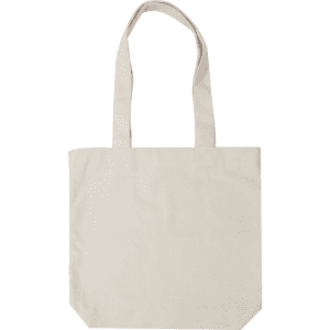A beige tote bag with two handles and a plain design, featuring a logo on one side.