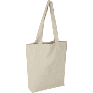 A beige tote bag with long handles and a simple design, featuring a logo on one side.
