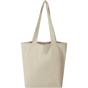 A beige tote bag with long handles and a plain design, featuring a logo on one side.